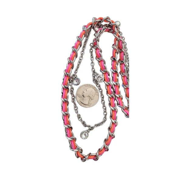 Ann Taylor Silver Tone Pink Orange Cord Crystal Stations Chain Necklace, E874 - Picture 7 of 8